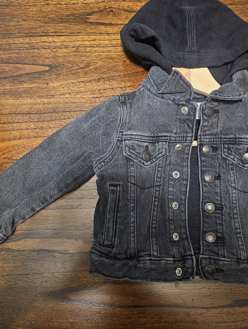 Old Navy Black Washed Denim Jacket with Hooded Liner